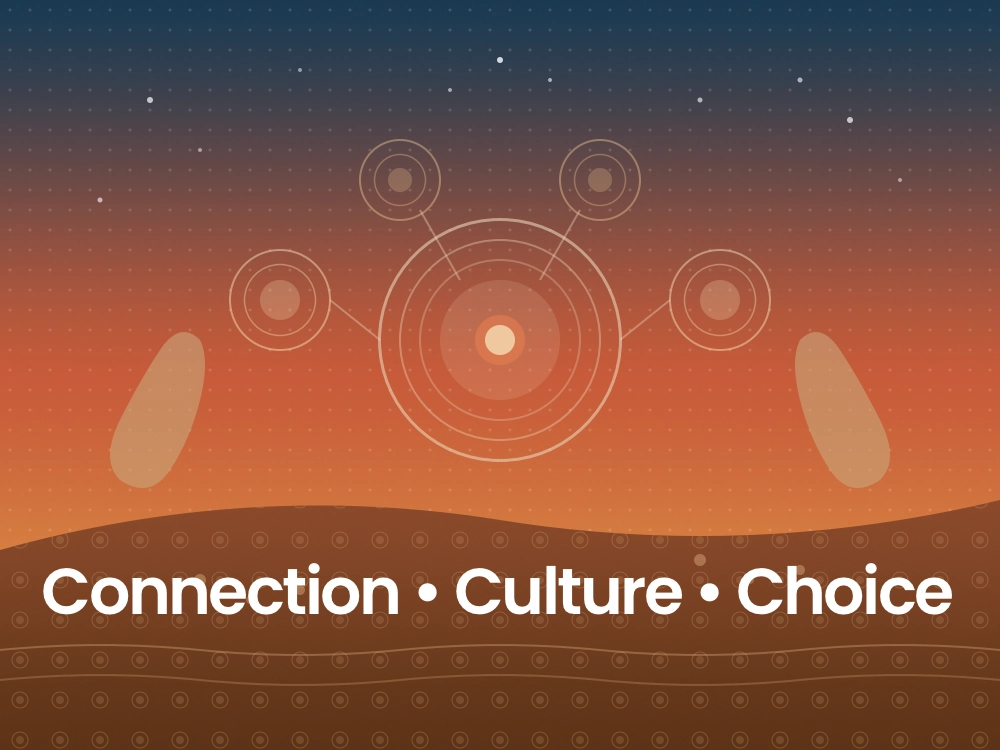 Connection, Culture and Choice in NDIS Support for First Nations Communities Abstract artwork featuring warm earthy tones of ochre, terracotta and deep blue, with connected circular shapes representing community gathering, and the words Connection, Culture, Choice in white text